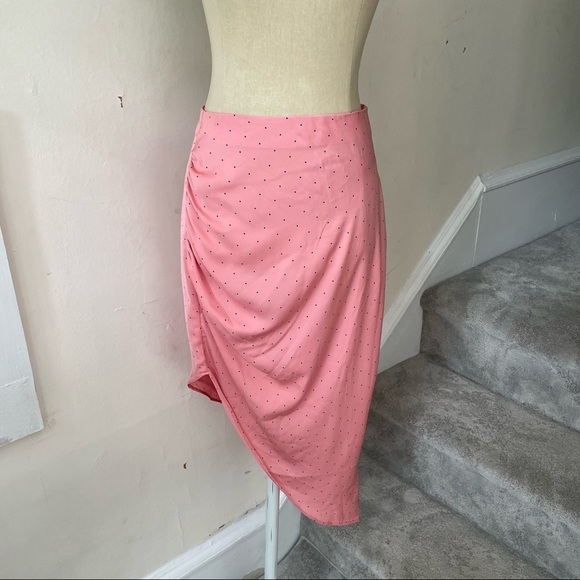 BCBGeneration Watermelon Pink Polka Dot Ruched Slip Asymmetric Skirt TQI3264454 - Picture 6 of 12